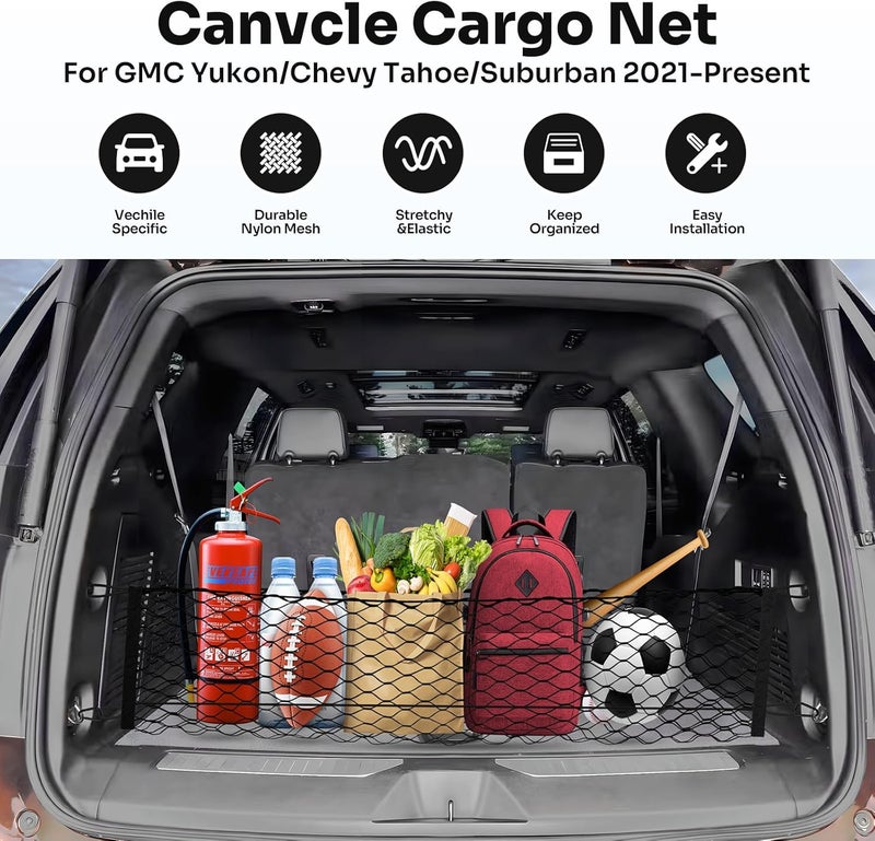 Canvcle شبكة شحن لسيارة شيفروليه سوبربان تاهو GMC يوكون ويوكون XL كاديلاك إسكاليد 2021–2025 2026 نمط الظرف ثقيلة الوزن شبكة مرنة لتنظيم الأمتعة سهلة التركيب مع خطافات - Image 2
